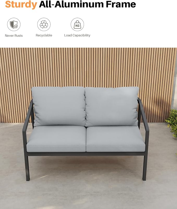 Outdoor Patio Loveseat, Never-Rust Aluminum Outdoor Loveseat Couch with Thick Cushions, Modern 2-Seater Patio Sofa Bench, Outdoor Sofa Loveseat Furniture for Backyard, Garden, Black