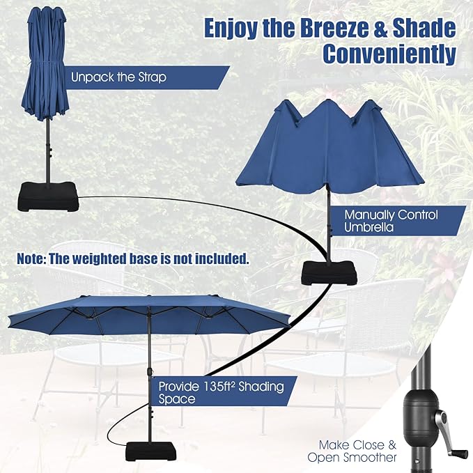 Tangkula 15Ft Double-Sided Patio Umbrella, Outdoor Extra Large Umbrella W/Hand-Crank System & Air Vents, Market Twin Umbrella W/ 12-Rib Sturdy Metal Frame for Poolside, Garden Backyard (Navy)