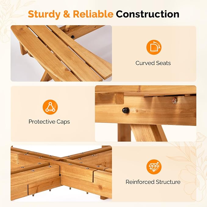 VINGLI 8-Person Wood Picnic Table Outdoor Round Picnic Table with Umbrella Hole and 4 Built-in Benches, Outdoor Dining Tables and Chairs 500 LBS Bench Capacity (Natural, Round)