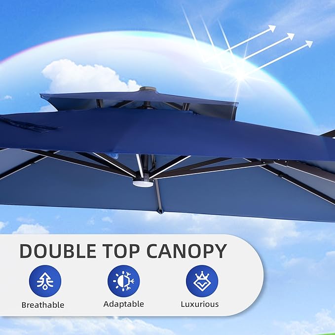 9 X 12 FT Cantilever Patio Umbrella with Led Lights and Base Included Heavy Duty Outdoor Double Top Large Rectangle Offset Umbrellas with 360-degree Rotation for Garden Pool Deck Backyard, Navy