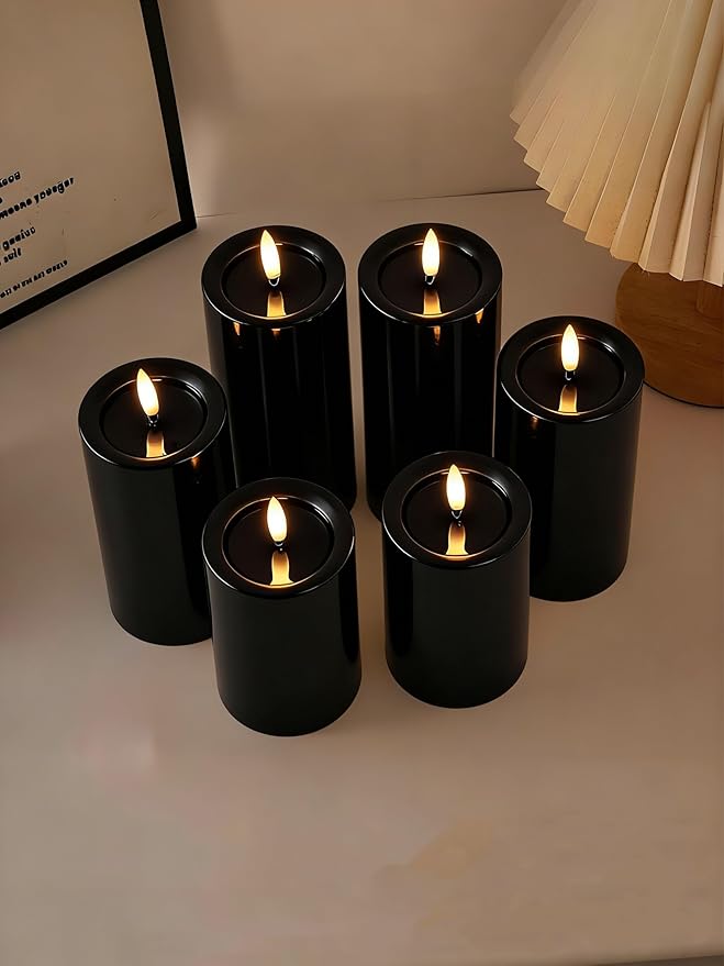 Gmnee 3"x4" Outdoor Waterproof Flameless Candles with Remote and Timers, LED Candles, Battery Operated Candles, Electric Fake Pillar Candles for Patio, Porch, and Lanterns Decor (Black, Plastic)