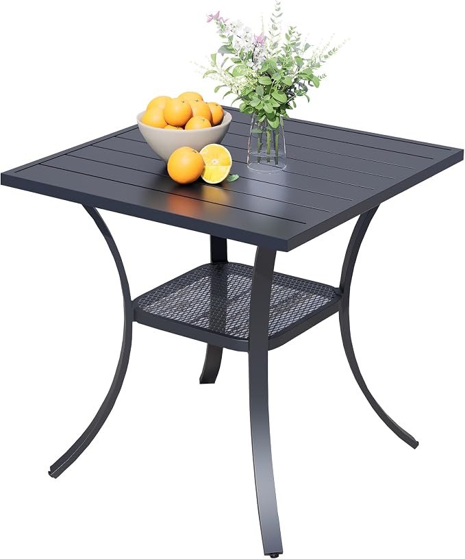 27.5'' Outdoor Patio Table with Storage Shelf, Heavy Duty 400lbs Capacity Square Metal Garden Table, All-Weather Black Tabletop for Deck, Balcony, Bistro, 2-4 Person