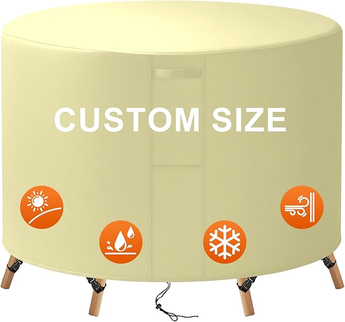 64"(D) x 36"(H) Round Outdoor Furniture Cover, Custom Heavy Duty 420D Waterproof Patio Furniture Cover with Drawstring & Buckles for Table Chair Garden, Cream