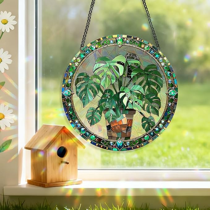 Acrylic Suncatcher Window Hanging, Leaf Sun Catcher Rainbow Indoor Window Decoration for Living Room Bedroom, Summer Home Balcony Ornaments Deco, 7.87 x 7.87 inches (64 Leaf)