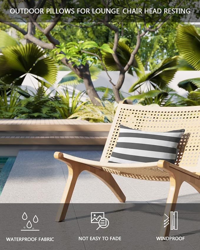 Outdoor Pillows Covers with Inserts Deep Gray and White Stripe Waterproof Recliner Pillow with Adjustable Strap Throw Pillows for Patio Furniture Pool Lounge Chair, 11x16 inch, 1PCS