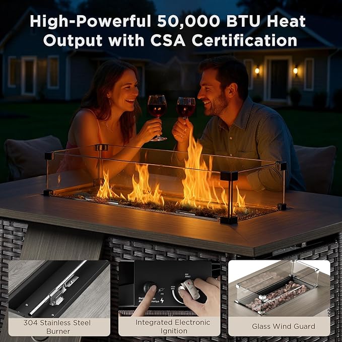 10 Pieces Luxury Patio Furniture Set with 42.5" Fire Pit Table, 6-Inch Thick Cushions Wicker Outdoor Furniture with Swivel Patio Chairs Set of 4, Outdoor Patio Conversation Set for Garden Deck, Gray
