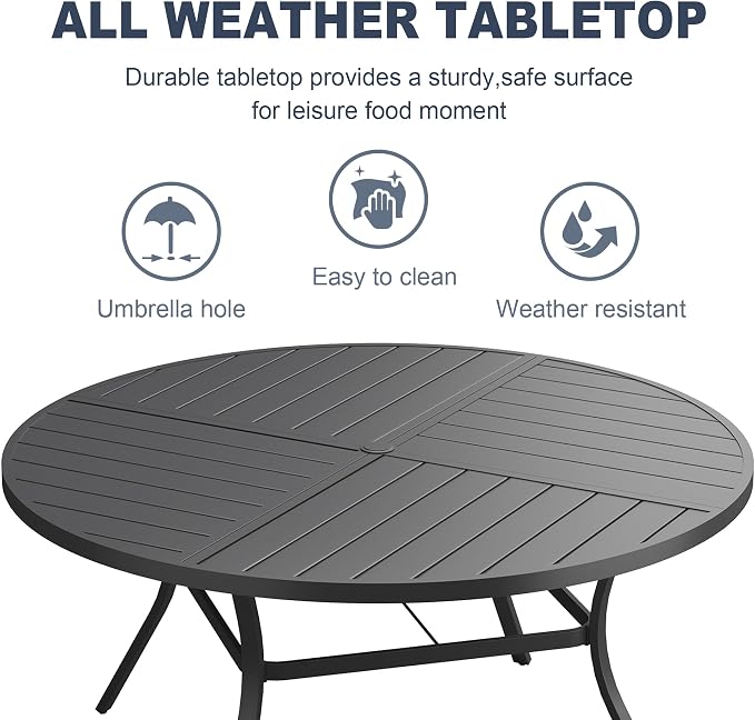 VICLLAX Patio 7 Pieces Outdoor Dining Set, 50" Round Metal Table with Umbrella Hole and 6 Swivel Textilene Chairs for Lawn, Garden, Porch, Black/Dark Grey