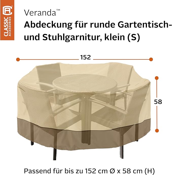 Classic Accessories Veranda Water-Resistant 60 Inch Round Patio Table & Chair Set Cover, Outdoor Table Cover