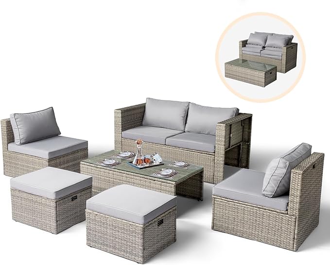 VINGLI 6 Pieces Wicker Patio Furniture Set, Outdoor Sectional Furniture Patio Conversation Set Space-Saving Design with Ottomans and Coffee Table for Garden,Poolside, Backyard(Grey)