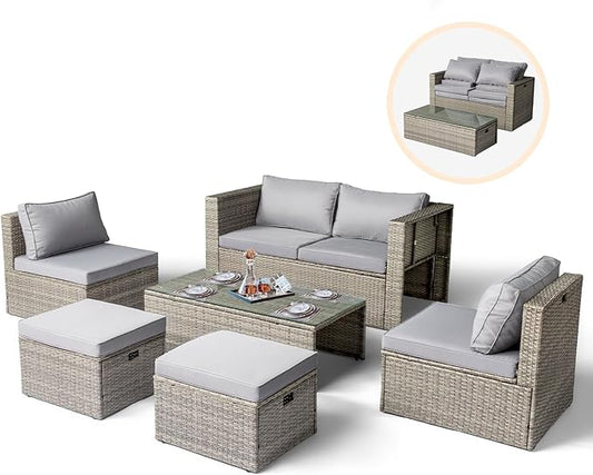 VINGLI 6 Pieces Wicker Patio Furniture Set, Outdoor Sectional Furniture Patio Conversation Set Space-Saving Design with Ottomans and Coffee Table for Garden,Poolside, Backyard(Grey)