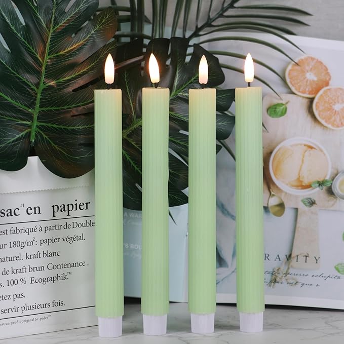 Wondise Flameless Flickering Taper Candles with Remote and Timer, Battery Operated 3D Wick Real Wax LED Taper Candles 6 Packs for Spring Dinner Holiday Decor(0.78 x 9.64 Inches，Green)