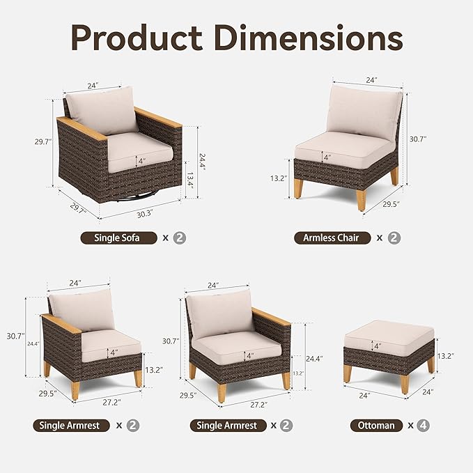 GREEN PARTY 12 Pieces Wicker Patio Furniture Set, All-Weather Outdoor Rattan Patio Sectional Sofa Conversation Set 12 Seats with 4" Thick Cushions for Garden, Backyard, 2 x Swivel Chairs