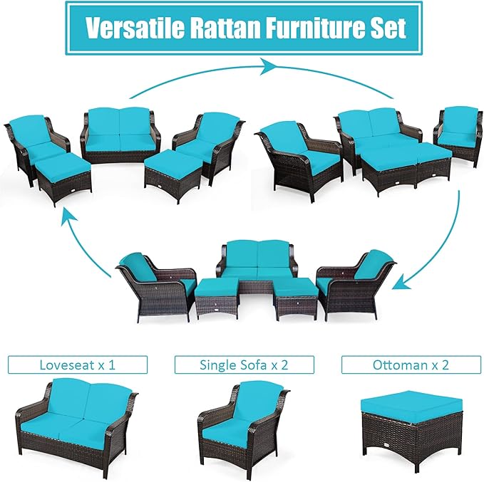 Tangkula 5 Pieces Patio Furniture Set, Outdoor Rattan Conversation Sofa Set with Loveseat, Single Sofas and Ottoman, Sectional Sofa Set with Removable Cushions for Porch, Backyard, Balcony, Lawn