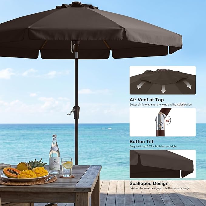 ABCCANOPY 9ft Scalloped Patio Umbrella, Outdoor Table Umbrella with Tilt and Crank, Fiberglass Ribs Deck Umbrella for Patio, Pool, Garden, Picnic (Coffee)