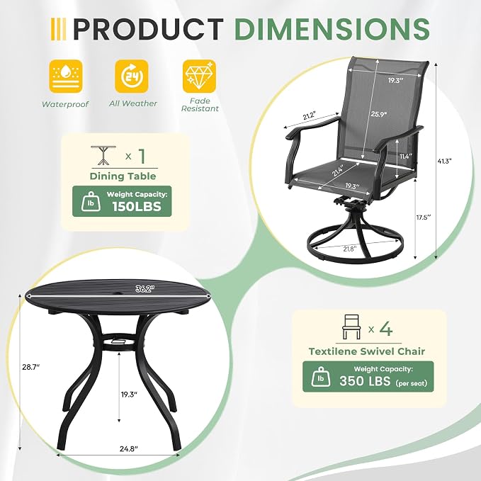 LVUYOYO 5-Piece Outdoor Patio Dining Set, Textilene Swivel Chairs & Round Table Set, All-Weather Table and Chairs Set with Umbrella Hole for Backyard, Garden,Balcony,Porch (Gray)