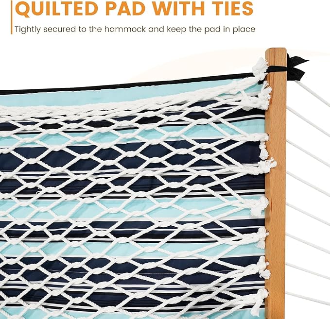 Lazy Daze Hammocks 2 Person Hammock Pad and Pillow Set, Double Polyester Quilted 78" x55" Replacement Pad for Rope Hammock, Navy Blue Stripes