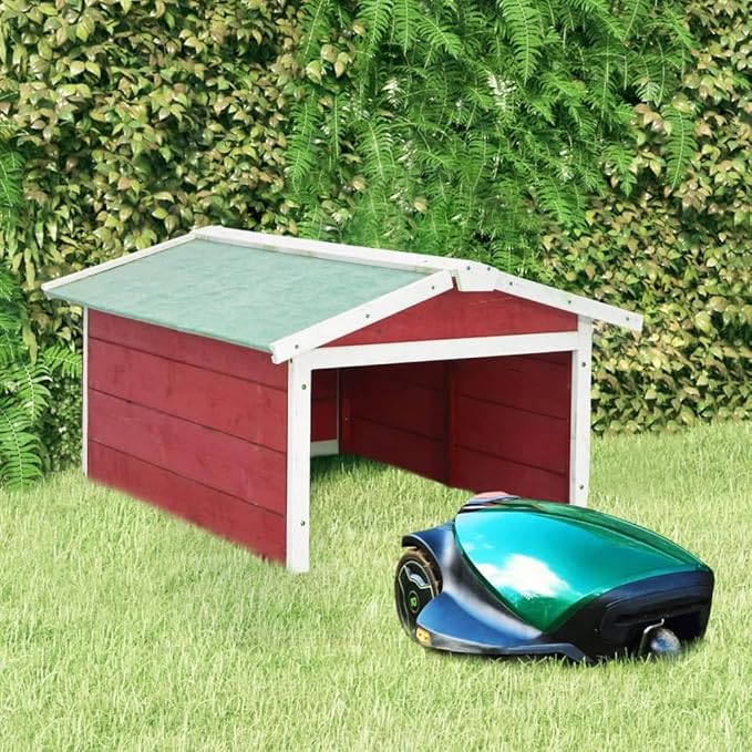 Robotic Lawn Mower Garage, Weatherproof Solid Firwood and Plywood Shelter for Auto Mowers, Outdoor Garden Charging Station Cover, Red and White, 34.3 x 28.3 x 19.7 Inches