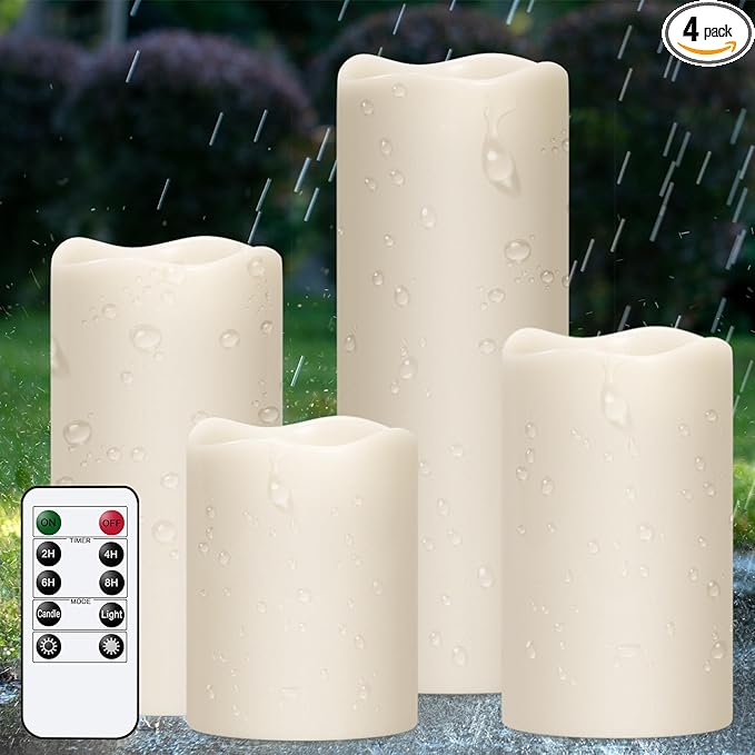Outdoor Indoor Waterproof Flameless Candles Flickering with Remote Timer, White LED Pillar Candles Battery Operated Pack of 4, Long Lasting Electric Candles Lanterns Φ 3" H 4” 5” 6” 8”