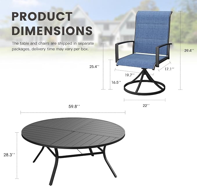 Outdoor Dining Set for 8, 60.1" Outdoor Dining Table with Umbrella Hole and Padded Textilene Patio Swivel Chairs, 9 Pieces Patio Table and Chairs Set for Garden Backyard, Dark Blue and Black
