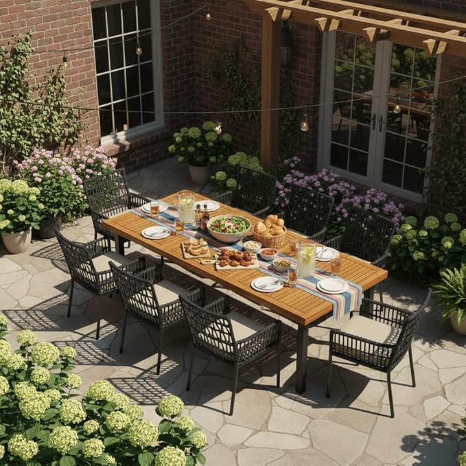 Tangkula 79" Acacia Wood Patio Dining Table for 8, Large 8-Person Outdoor Dining Table with 1.9" Umbrella Hole, Metal Legs & Adjustable Foot Pads, Rectangular Outside Table for Garden, Poolside & Yard