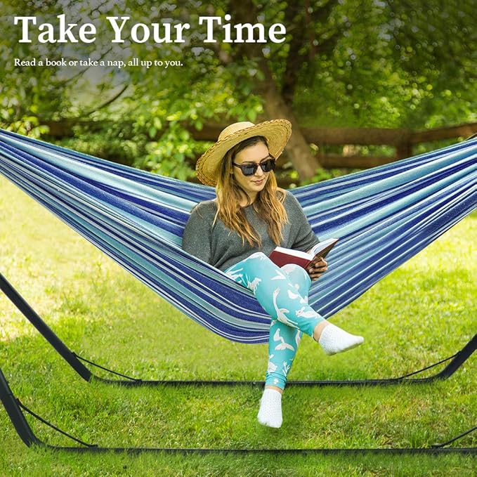 Zupapa Hammock with Stand 2 Person, Upgraded Steel Hammock Frame and Polycotton Hammock, 550LBS Capacity for Indoor Outdoor Use Blue White Stripes
