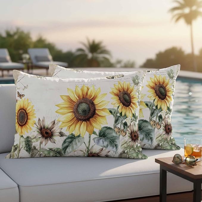 Vintage Yellow Sunflowers Outdoor Waterproof Throw Pillow Covers Set of 2, 20"x12", American Pastoral Style Decorative Pillow Covers Outside Cushion Case for Patio Porch Garden