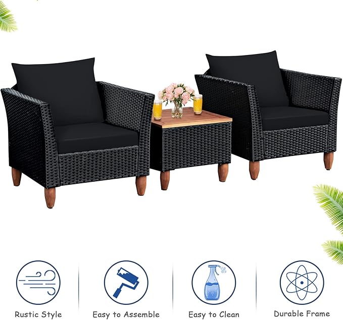 COSTWAY 3 Pieces Patio Rattan Furniture Set, Outdoor Wicker Conversation Chairs Set with Acacia Wood Coffee Table & Washable Cushion, Porch Furniture Bistro Set for Balcony, Garden, Backyard, Black