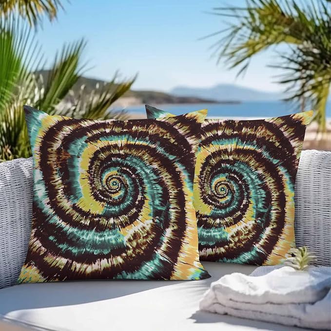 Vandarllin Outdoor Throw Pillows Covers 16x16 inch Set of 2 Waterproof Yellow Teal Tie-Dye Art Decorative Zippered Cushion Covers for Patio Furniture, Abstract Boho Tribe Lumbar Pillowcases