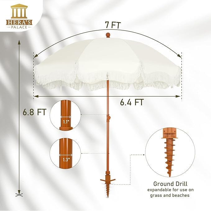 HERA'S PALACE 7ft Heavy Duty Beach Umbrella with Sand Anchor, Fringe Umbrella for Sand, UV 50+, Patio Umbrella with Tilt Pole for Garden Pool Backyard