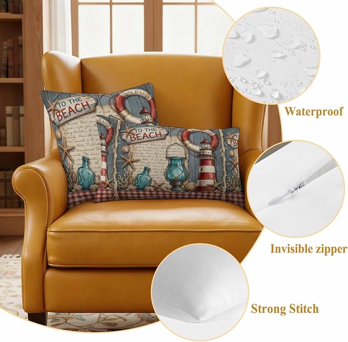 Outdoor Pillow Covers Set of 2, Vintage Nautical Lighthouse on Wooden Decorative Throw Pillow Covers 20X12IN, to The Beach Quote Throw Pillows Protector Cushion Case for Patio,Couch,Sofa,Garden