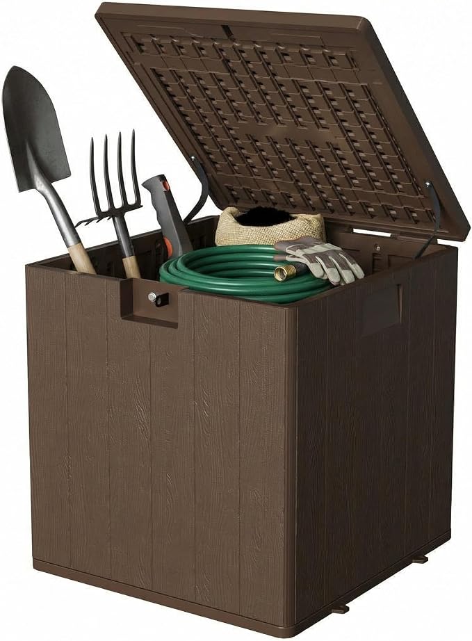 Jojoka Brown Resin Deck Box, Outdoor Waterproof Lockable Storage Box, Patio Square Container for Package Delivery, Furniture Cushions, Garden Tools, Pool Accessories