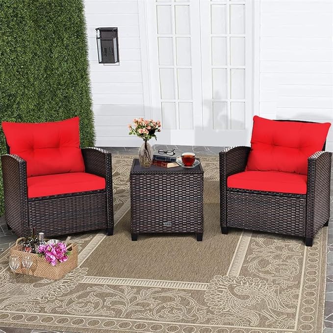 3PCS Patio Rattan Furniture Set Cushioned Conversation Sofa Coffee Table for Your Outdoor Space(E)