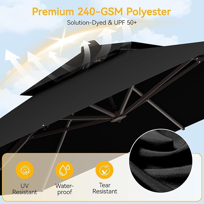 VEGOND 10x13 FT Patio Cantilever Umbrella with Base, Rectangular Heavy Duty Offset Umbrella for 8-10 People, 360°Rotation & Mult Tilt, Double Top Design, for Pool Garden Deck (Black)