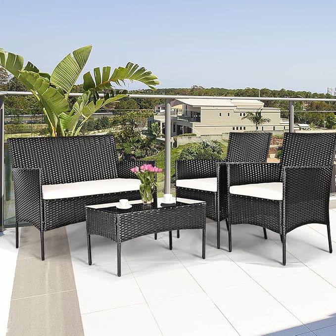 HAPPYGRILL 4PCS Patio Furniture Set Rattan Wicker Conversation Set Outdoor Patio Table Chair Set Wicker Sofas and Coffee Table Set for Garden Lawn Poolside
