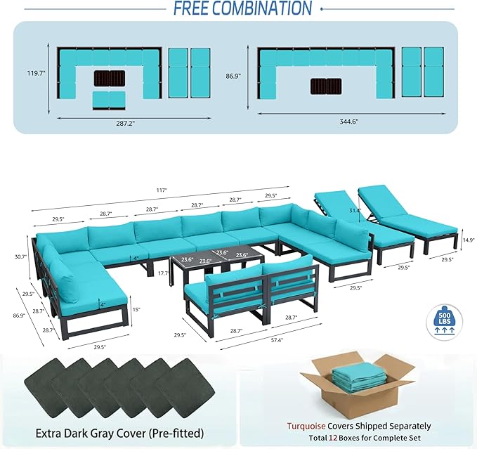 NICESOUL 14 Person Modern Aluminum Outdoor Patio Furniture Set with Chaise & Side Table, 29" Wide Deep Seating, Water Resistant Modular Sectional Couch, Oversized Conversation Set for Poolside, Teal