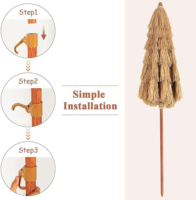 Giantex 6.5Ft Thatched Tiki Umbrella, Hawaiian Style Patio Grass Umbrella with 8 Ribs & Tilt Adjustment, Outdoor Portable Beach Sunshade for Yard, Garden & Poolside