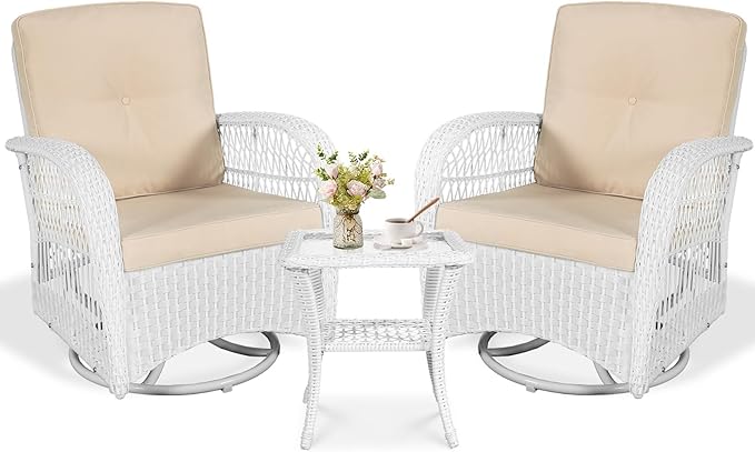 VIVIJASON 3-Piece Patio Conversation Bistro Set, Outdoor Swivel Glider Rocking Chairs Rattan Furniture Set w/ 2 Rattan Chairs, Glass Top Side Table for Porch Backyard, White - Beige