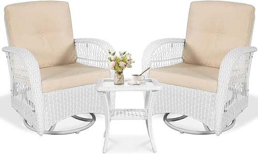 VIVIJASON 3-Piece Patio Conversation Bistro Set, Outdoor Swivel Glider Rocking Chairs Rattan Furniture Set w/ 2 Rattan Chairs, Glass Top Side Table for Porch Backyard, White - Beige