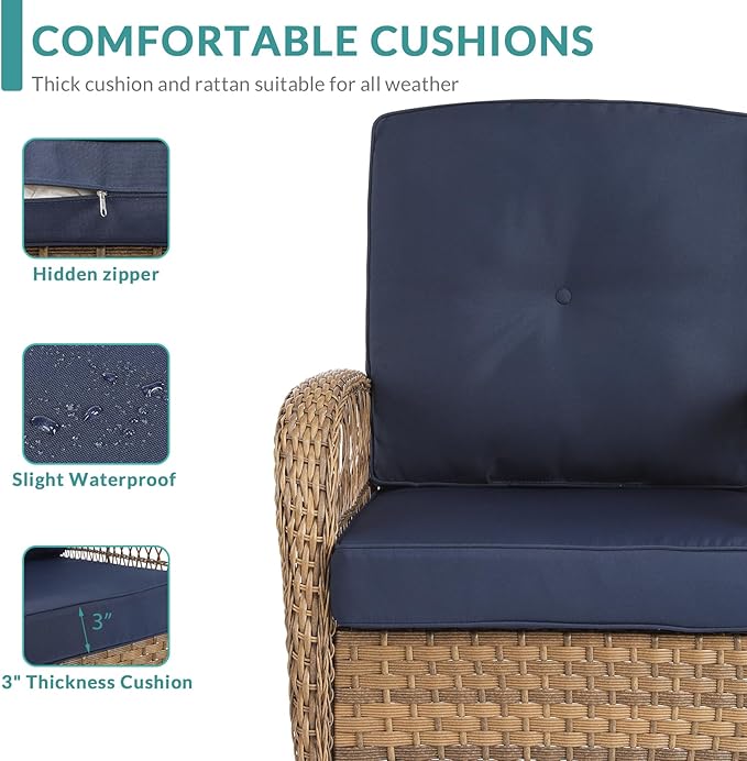 MEETWARM Patio Wicker Rocking Glider Set, All-Weather Outdoor Rattan Patio Rocking Chairs of 2, Patio Conversation Set with Thickened Cushions for Porch Garden & Backyard, Navy Blue