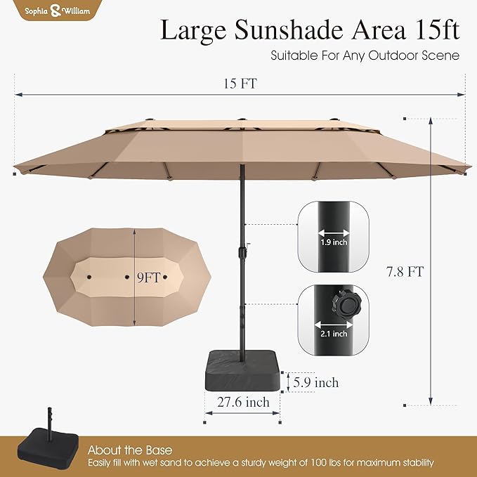 Sophia & William 15ft Extra Large Patio Umbrella with Base Included, 2-Tier Double-Sided Rectangle Outdoor Umbrella with Stand, Market Umbrella for Pool Garden Backyard, Beige&Tan