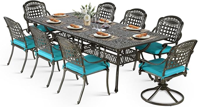 VIVIJASON 9-Piece Outdoor Dining Set, Cast Aluminum Patio Table & Chair Furniture Set, Include 94.5" Rectangular Table, 2 Swivel Rocker Chairs, 6 Stationary Chairs, Umbrella Hole, Ocean Blue Cushion