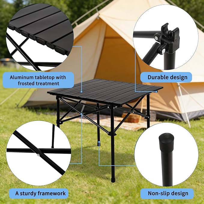 Camping Table Folding Portable Camp Table with 2 Chairs, Folding Picnic Table with Carry Bag Indoor Outdoor for Camping, Beach, Patio, RV, Backyard BBQ, Sturdy, Stable, Easy to Carry, Black