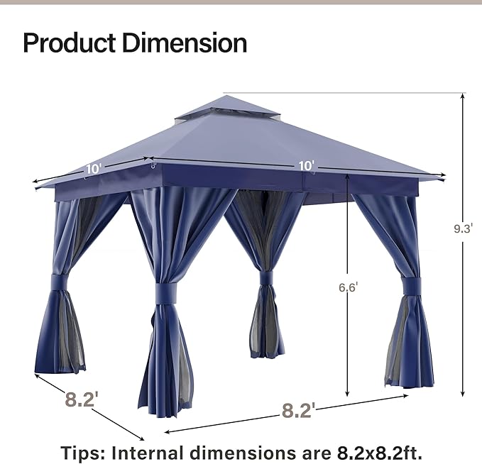 LAUSAINT HOME 10'x10' Outdoor Gazebo, Metal Frame Heavy Duty Patio Canopy Tent Shelter with Double Roofs, Mosquito Nettings and Privacy Screens for Backyard, Garden, Lawn, Navy Blue