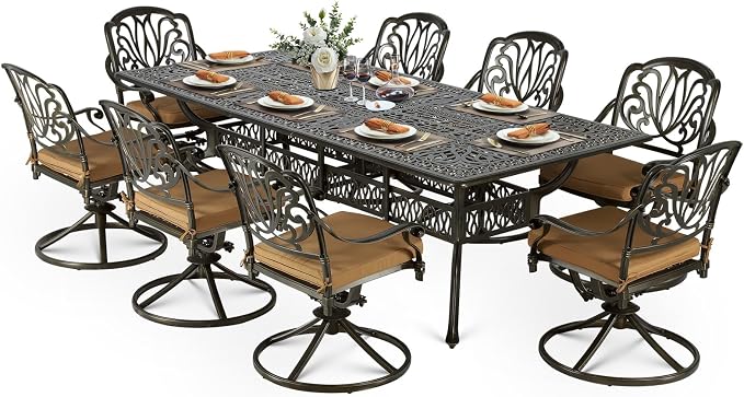 VIVIJASON 9-Piece Outdoor Dining Set, Cast Aluminum Retro Patio Furniture Table and Chairs Set for 8, Include 94.5" Rectangular Table and 8 Swivel Rocker Chairs with Umbrella Hole, Khaki Cushion