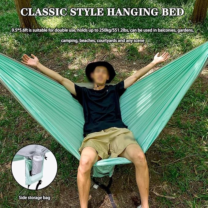 Portable Double Hammock for Park, Outdoor Anti-Rollover Swing with Storage Bag, Beach/Garden/Hiking, Load Bearing 250kg/551.2lbs(Light Green)