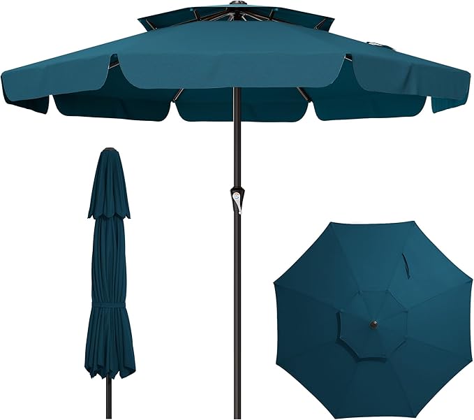 AreShark 12ft 2-Tier Patio Umbrella with Valance - Outdoor Umbrella Waterproof UV Protection, Market Table Umbrella w/ 8 Sturdy Ribs&Crank for Pool, Backyard, Garden(Lake Blue)