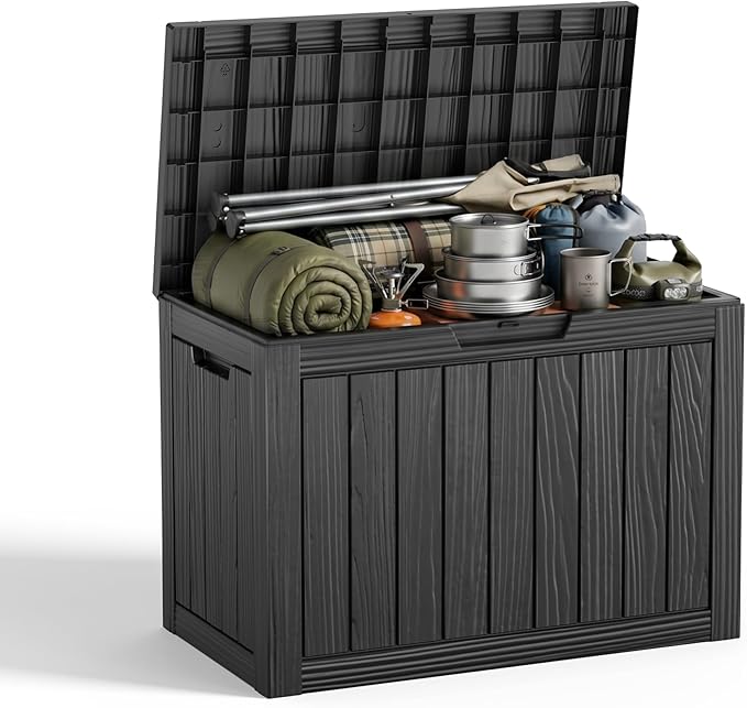 EasyUp 55 Gallon Deck Storage Boxes Outdoor Waterproof, Resin Small Lockable Storage Box, Outdoor Deck Box for Patio Cushion Funiture, Pool Accessories, Garden Tools (Black, 55 Gallon)