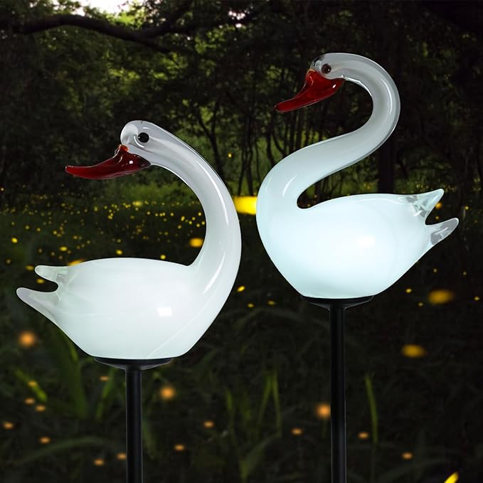 Afirst Solar Goose Garden Stake Lights Hand-Blown Glass Figurine LED Outdoor Decorative Waterproof Solar Landscape Lighting for Yard Lawn Patio Path Walkway Garden Decor 2 Pack