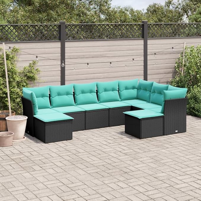 9 Piece Patio Sofa Set with Cushions, Garden Lounge Set Sectional Sofa Patio Conversation Set Outdoor Sofa Sets for Exhibition Piazza Garden Poolside Black Poly Rattan