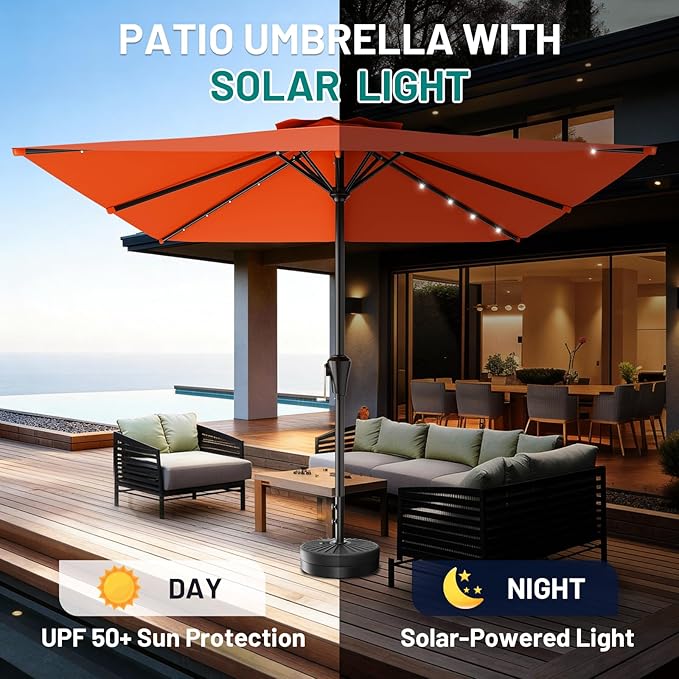 AreShark 8' X 10' Rectangular Patio Umbrella with Solar Lights, Lighted Solar Umbrella with Crank, Outdoor Table Umbrella for Garden, Deck, Backyard, Pool and Beach, Orange